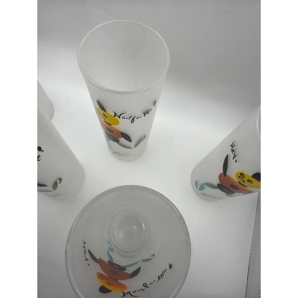 Vintage Frosted Glass Tumblers Hey Wait for Me Mid Century Modern Set of 5